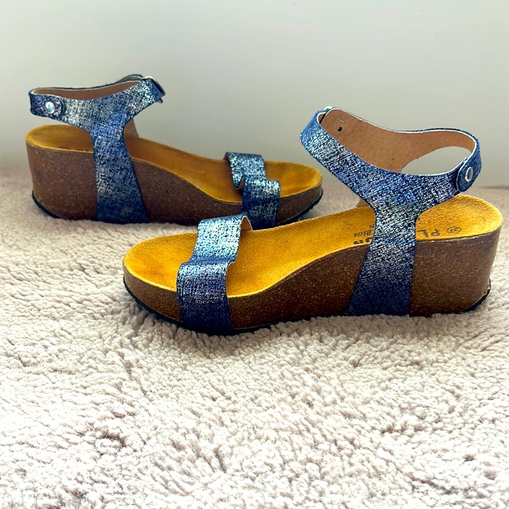 Plakton Cork wedge sandals with beautiful metallic blue denim straps.